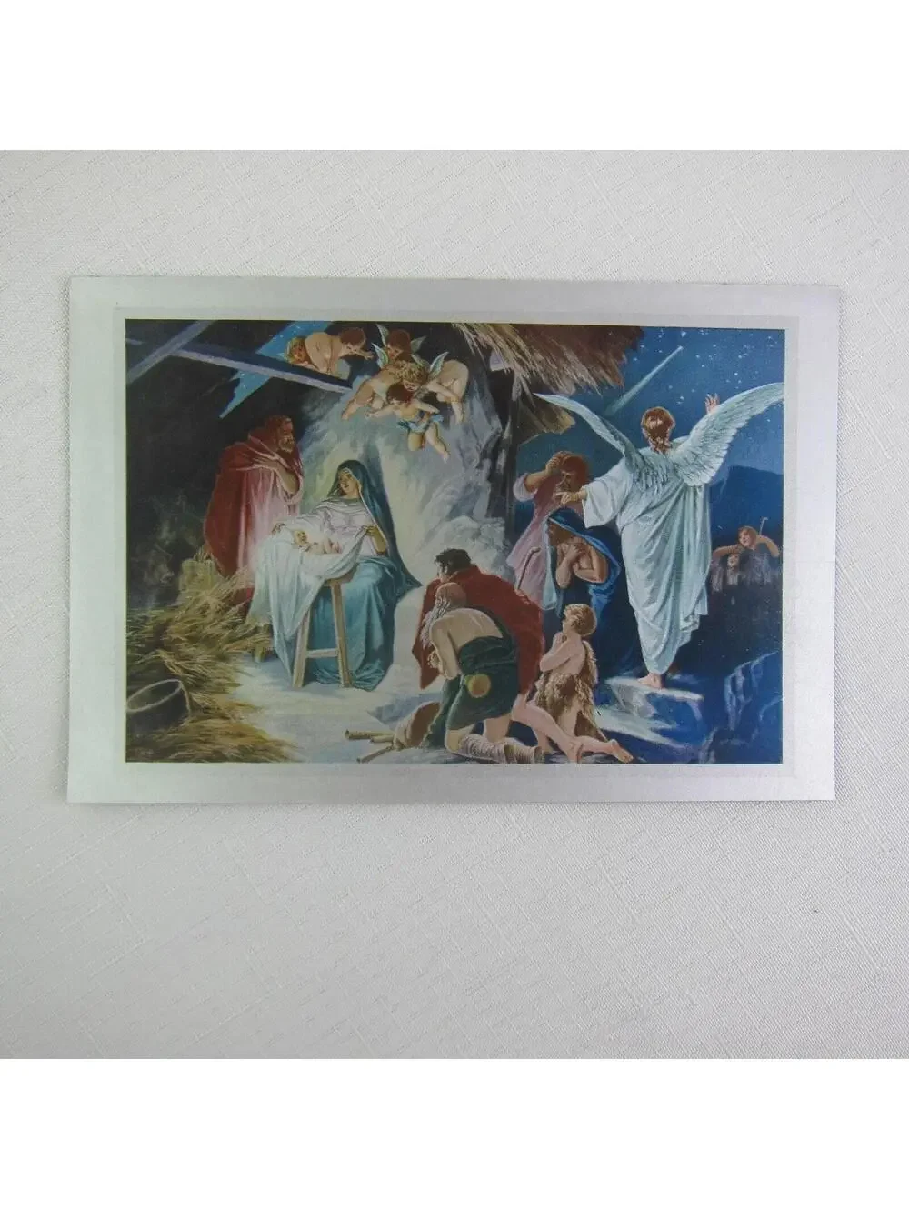 Vintage Christmas Cards Lot 3 Snowy Night Manger House Silver Border USA Litho
